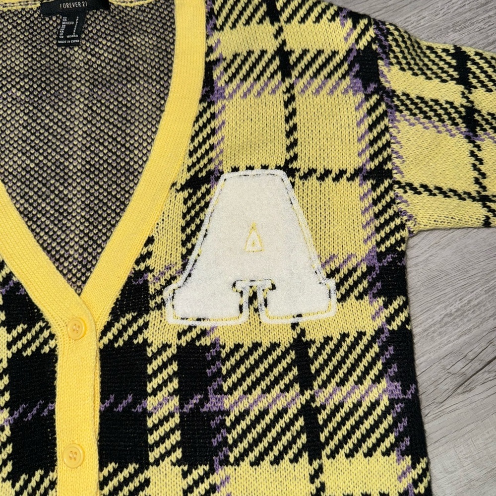 Forever 21 Yellow Plaid Cardigan Small Wool Blend Button Front Sweater - Picture 6 of 8